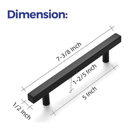Dimensions of 30 Pack Matte Black Stainless Steel 7.38 Inch Square Cabinet Pulls for Kitchen Cabinets with 5 Inch Hole Center.