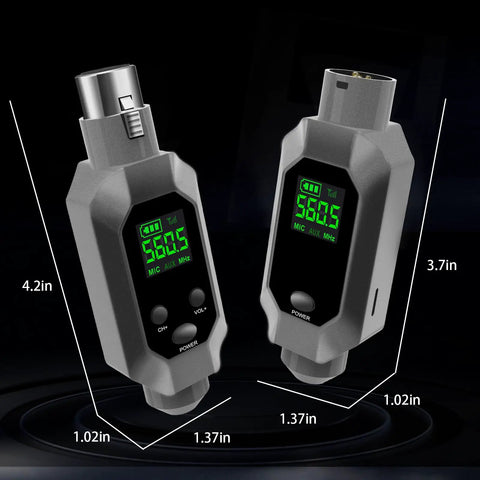 Wireless XLR Transmitter and Receiver Kit for Condenser and Dynamic Mics UHF Wireless System With 8 Hour Battery shown with dimensions