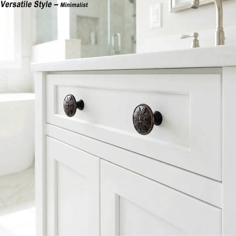 Oil Rubbed Bronze Round Cabinet Knobs 12 Pack 1.4 Inch Diameter Zinc Alloy Hardware For Cabinets Drawers Dressers Kitchen And Bathroom Antique Bronze Finish Durable No Fade Rust installed on white cabinet