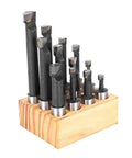 12-piece F1-type boring cutter set in a wooden block; high-speed steel CNC milling tools