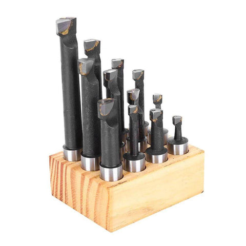 12-piece F1-type boring cutter set in a wooden block; high-speed steel CNC milling tools