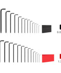 Ball End Hex L Key Set 28 Piece With Inch And Metric Sizes in Black and Red Holders displayed separately
