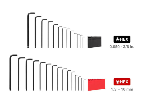 Ball End Hex L Key Set 28 Piece With Inch And Metric Sizes in Black and Red Holders displayed separately