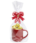Flat Bottom Cellophane Bags 7x3x12 Inches Clear Treat Bags For Cookies with red mug and candies inside, decorated with a ribbon.