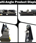 TECHTONGDA metal lathe bench lathe with geared head, variable speed, dark gray finish, four-view collage
