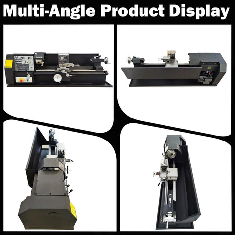 TECHTONGDA metal lathe bench lathe with geared head, variable speed, dark gray finish, four-view collage