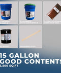 Top Shelf 15 Gallon Epoxy Floor Coating Kit Black Base With Canyon Brown And Ivory Flakes Covers 2500 Square Feet garage sample contents.