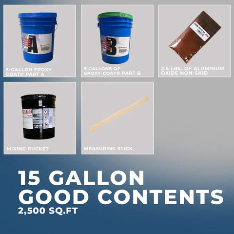 Top Shelf 15 Gallon Epoxy Floor Coating Kit Black Base With Canyon Brown And Ivory Flakes Covers 2500 Square Feet garage sample contents.