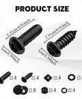 Lock Up Your Ride With This Anti Theft License Plate Screws Kit Featuring Tamper Proof Security Fasteners M6 Thread Black Mounting Hardware Includes Key To Keep Jokers From Yanking Your Tags Off Front Or Rear Bumper Today, showing sizes of screws and hardware components.