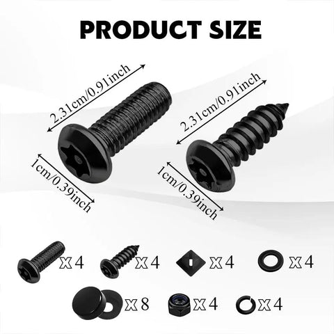 Lock Up Your Ride With This Anti Theft License Plate Screws Kit Featuring Tamper Proof Security Fasteners M6 Thread Black Mounting Hardware Includes Key To Keep Jokers From Yanking Your Tags Off Front Or Rear Bumper Today, showing sizes of screws and hardware components.