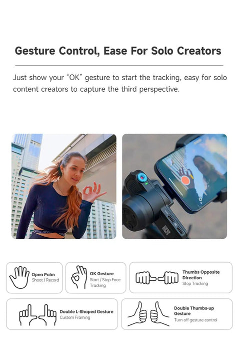 Person showcasing gesture control feature of Scorp Mini 3 Gimbal Stabilizer For Smartphones With AI Tracking on phone.
