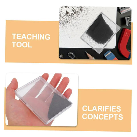 Magnetic Field Iron Powder Boxes For Science Experiments Visualize Field Lines, clear plastic box with iron filings on hand.