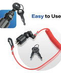 Boat Ignition Key Switch With Safety Lanyard For Johnson Evinrude OMC Outboard Motors 40 200HP Replacement Ignition Switch And Key Lanyard Assembly Easy Install shown with black switch, two keys, and red coiled lanyard.