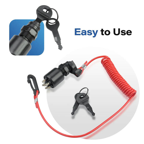 Boat Ignition Key Switch With Safety Lanyard For Johnson Evinrude OMC Outboard Motors 40 200HP Replacement Ignition Switch And Key Lanyard Assembly Easy Install shown with black switch, two keys, and red coiled lanyard.