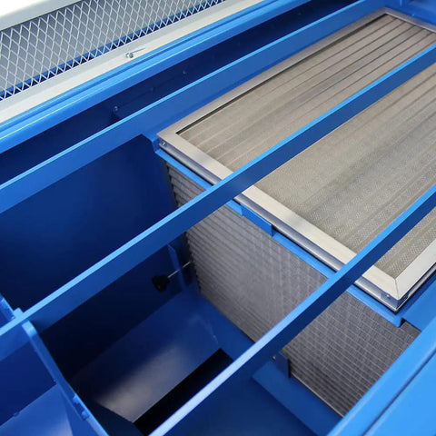 Close-up of Built Damn Tough 61 By 23 Inch Metalworking Downdraft Table With Dual Motor Dust Collector Vacuum System filters and interior.