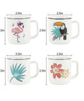 Four Pack Ceramic Demitasse Espresso Cups, 4.23 Oz Small Coffee Mugs For Espresso Machines And Home Coffee Makers, Microwave And Dishwasher Safe, Great For That Quick Caffeine Fix, with colorful bird and plant designs.