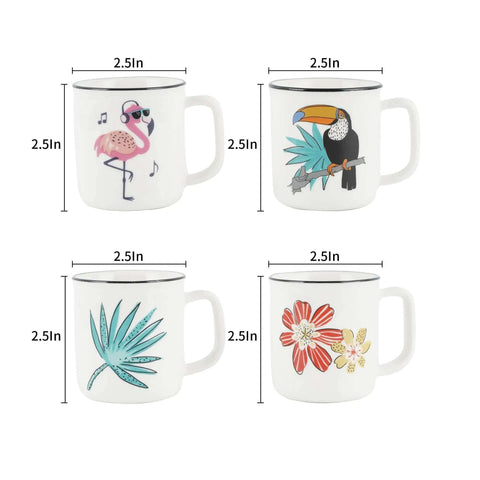 Four Pack Ceramic Demitasse Espresso Cups, 4.23 Oz Small Coffee Mugs For Espresso Machines And Home Coffee Makers, Microwave And Dishwasher Safe, Great For That Quick Caffeine Fix, with colorful bird and plant designs.