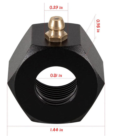 Marine Steering Tube Grease Nut And Fittings With Cable Lube Tool FSM068 Black, front view, OMC 2861 specifications shown.