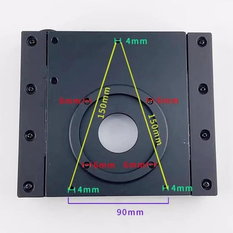 Top view of Manual Gliding Stage For Microscopes With XY Travel Pro Grade Slide Table, dimensions 90mm x 150mm detailed.