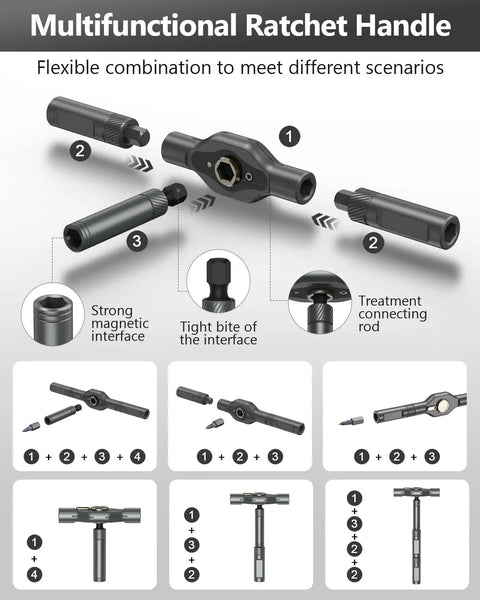 Diagram of Magnetic Ratchet Screwdriver Set With 40 Precision Bits And 42 In 1 DIY Tool Kit displaying flexible handle assembly.