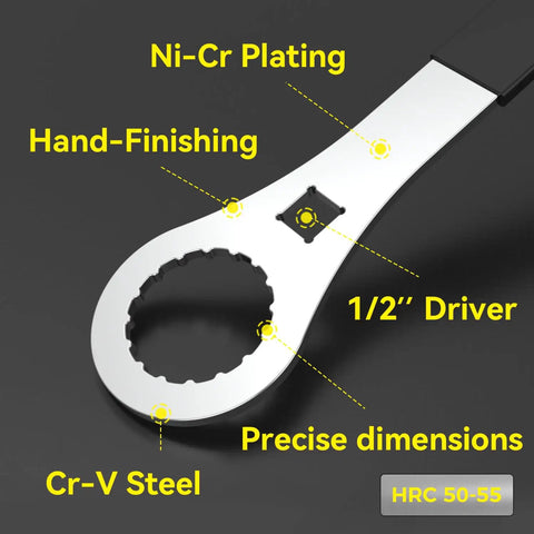 Beefy Heavy Duty Bike Bottom Bracket Tool For 46 OD 24 Notch, Cr-V Steel With Ni-Cr Plating, One Half Inch Drive shown in close-up
