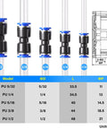 TAILONZ 50-piece straight push-fit air line connectors with blue collars for 5/32, 1/4, 5/16, 3/8, 1/2 tubes