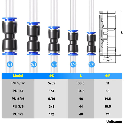 TAILONZ 50-piece straight push-fit air line connectors with blue collars for 5/32, 1/4, 5/16, 3/8, 1/2 tubes