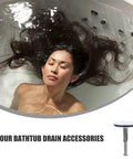 2pcs Bathtub Drain Plug Rotating Design Brass with Flat Seal, model displayed in a bathtub with water and hair flowing.