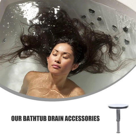 2pcs Bathtub Drain Plug Rotating Design Brass with Flat Seal, model displayed in a bathtub with water and hair flowing.