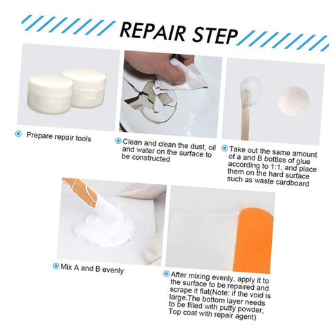 Instructions for using Epoxy Tile Repair Kit for Ceramic and Porcelain, Quick Drying Crack Paste, Two 50g Tubes A and B.