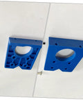 Blue plastic hinge-boring jig with large central hole and mounting holes, shown from front and back.