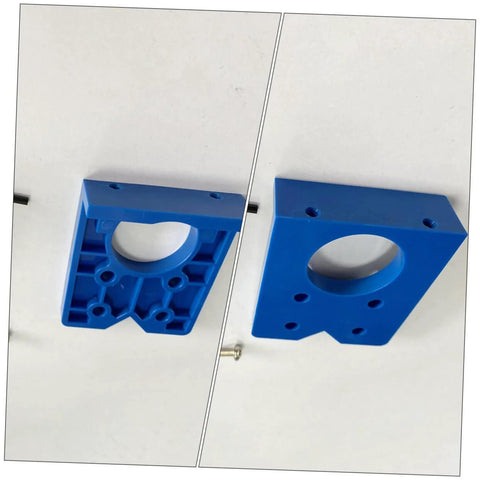 Blue plastic hinge-boring jig with large central hole and mounting holes, shown from front and back.