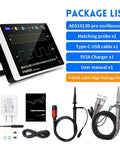 Portable Handheld Oscilloscope With 2 Channels, 100 MHz Bandwidth, 7 Inch Touchscreen, probes, USB cable, and charger