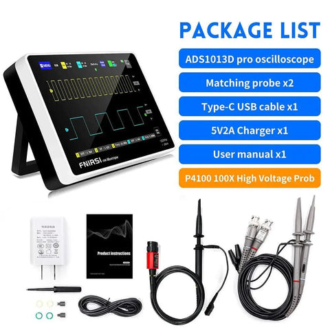 Portable Handheld Oscilloscope With 2 Channels, 100 MHz Bandwidth, 7 Inch Touchscreen, probes, USB cable, and charger
