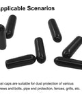 3mm ID Rubber End Caps For Metal Tubing And Bolts Pro Grade Tough Vinyl Flexible Tube Caps in black color, scattered on surface.