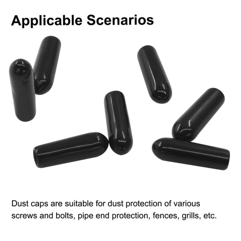 3mm ID Rubber End Caps For Metal Tubing And Bolts Pro Grade Tough Vinyl Flexible Tube Caps in black color, scattered on surface.