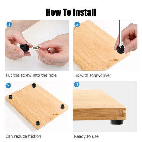 Installation steps for Eight Pack Non Slip Rubber Feet Bumpers Kit With Screws And Stainless Washers For Cutting Boards.