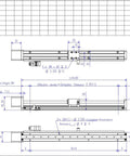 Linear stage actuator technical drawing with screw drive; front, side and end views; 150mm travel, NEMA14 stepper.