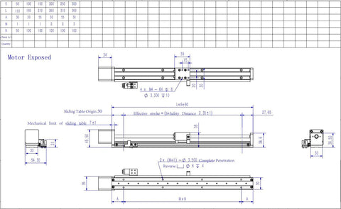 Linear stage actuator technical drawing with screw drive; front, side and end views; 150mm travel, NEMA14 stepper.