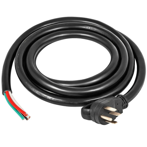 Rock Solid 25 Foot 50 Amp Generator Extension Cord With Nema 14 50P To Raw End Wire showing black copper cable and male connector.