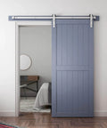 Six Feet Brushed Nickel Sliding Barn Door Hardware Kit For 36 Inch Door With Smooth Quiet Track System installed on a blue door