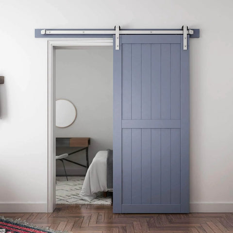Six Feet Brushed Nickel Sliding Barn Door Hardware Kit For 36 Inch Door With Smooth Quiet Track System installed on a blue door