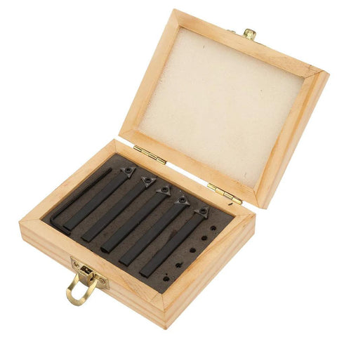 5-piece set of 1/4 in indexable carbide turning tool bits with cemented tungsten carbide inserts in a wooden storage box