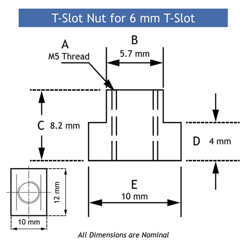 T-slot nut dimensions diagram for 6 mm T-slot, features M5 thread, 12 mm height, suitable for clamping setups.