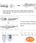 Illustration of connecting 100Ft LED Rope Lights Outdoor With 720 LEDs, showing power plugs, fasteners, and spare fuses.