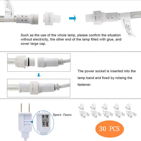 Illustration of connecting 100Ft LED Rope Lights Outdoor With 720 LEDs, showing power plugs, fasteners, and spare fuses.
