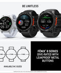 Three Fenix 8 Multisport GPS Smartwatches with 1.4 Inch AMOLED Displays, showing various features and size options.