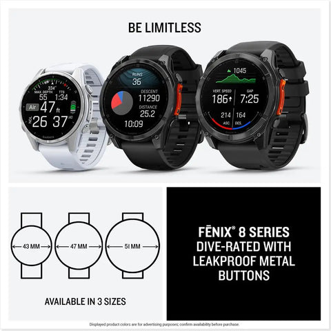 Three Fenix 8 Multisport GPS Smartwatches with 1.4 Inch AMOLED Displays, showing various features and size options.