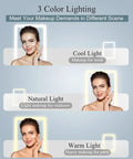 Rechargeable Travel Makeup Mirror With 72 LED Lights illustrating cool, natural, warm lighting options for different makeup scenarios.