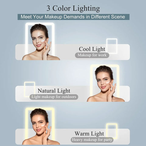 Rechargeable Travel Makeup Mirror With 72 LED Lights illustrating cool, natural, warm lighting options for different makeup scenarios.